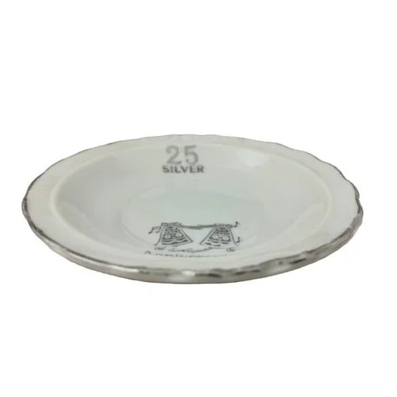 Vintage 25th Silver Anniversary Trinket Dish Wedding Bells Ring Dish 4.5 Inch - Picture 3 of 7